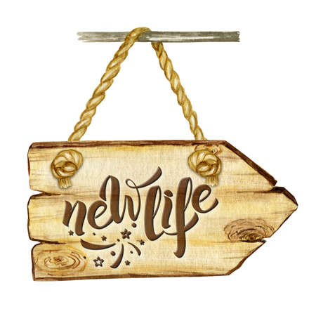 Watercolor Wooden arrow signboard with lettering word New life, empty Blank isolated. Vintage old,...