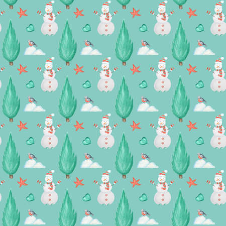 New Year Christmas tree and Snowman watercolor Seamless pattern on mint green background. Hand drawn vintage card, fabric paper texture design. Watercolor Winter nature illustrationの写真素材