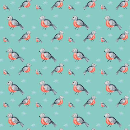 Hand Painted Bullfinch with snowflakes seamless pattern. Winter Red Christmas bird watercolor...