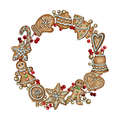 Christmas gingerbread cookies Wreath Greeting card, poster, banner concept. Round Frame of red berries on white background, New Year watercolor hand drawn illustration with copy space for text.の写真素材