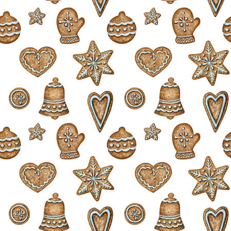 Christmas gingerbread cookies seamless pattern, mitten heart bell winter holiday sweet food background. Watercolor illustration. Xmas gift and tree decorations. Wrapping Paper, fabric texture design.の写真素材