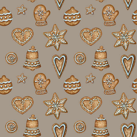 Christmas gingerbread cookies seamless pattern, mitten heart bell winter holiday sweet food background. Watercolor illustration. Xmas gift and tree decorations. Wrapping Paper, fabric texture design.の写真素材