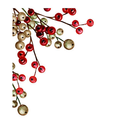 Christmas border with winter red gold berries. Watercolor holiday illustration isolated on white background. Xmas decoration bouquet. Greeting card design concept.の写真素材