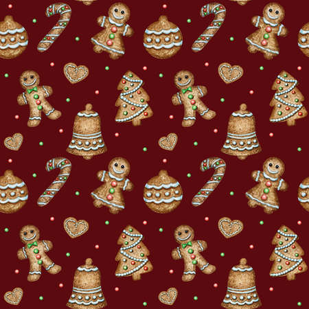 Christmas gingerbread cookies seamless pattern, mitten heart bell winter holiday sweet food...