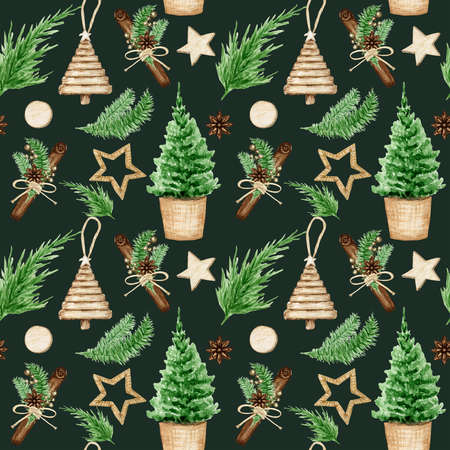 Christmas seamless pattern with pine tree branches, wooden stars, Cinnamon stick, star anise. Watercolor Vintage Boho style background illustration. Wrapping Paper, Scrapbooking fabric texture design.の写真素材