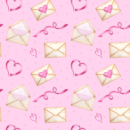 Valentines Day Seamless pattern Watercolor ribbon heart, love letter Greeting card concept. Wedding banner, poster design Hand drawn red hearts on pink background. texture for scrapbooking.の写真素材