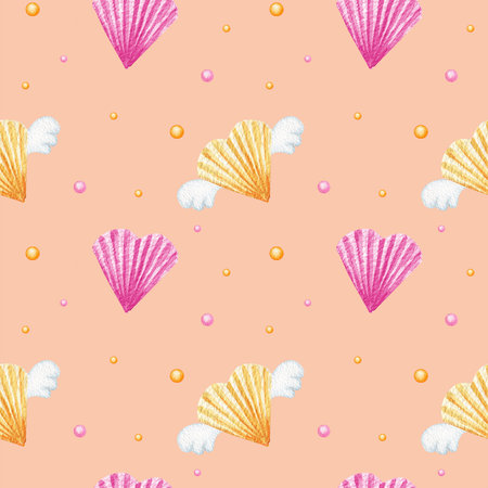 Seamless pattern heart Valentines Day, love Greeting card concept. Watercolor texture for scrapbooking. Wedding, banner, poster design. Hand drawn pink hearts on peach background.の写真素材