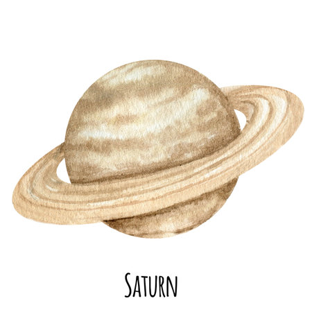 Saturn Planet of the Solar System watercolor isolated illustration on white background. Outer Space planet hand drawn. Our galaxy astronomy education materialの写真素材
