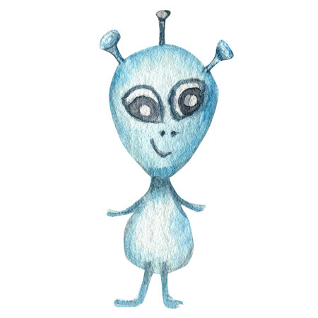 Blue funny happy cartoon alien space monster. Watercolor isolated illustration on white background.の写真素材