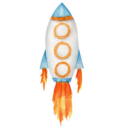 Space rocket launch. Spaceship start isolated watercolor illustration. Cute Cartoon kids space shipの写真素材
