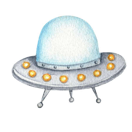 Flying saucer UFO, cartoon alien spaceship, Unidentified flying object. Watercolor isolated illustration on white background.の写真素材
