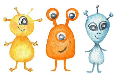 Blue funny happy cartoon alien space monster set. Watercolor isolated illustration on white background.の写真素材