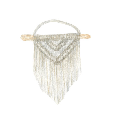 Handmade macrame cotton wall decoration with wooden stick Watercolor illustration on white...
