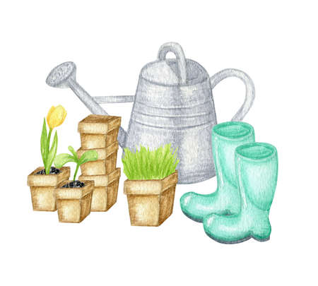 Watercolor garden tools. Hand drawn, rake, bucket, wood box, shovel, watering can illustration isolated on white. Spring, summer template cards, Gardening equipment banner, horticulture conceptの写真素材