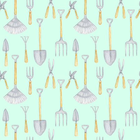 Watercolor gardening tools seamless pattern. Hand drawn garden elements background. Spring illustration. Garden tool, flowers. Colorful designer paperの写真素材