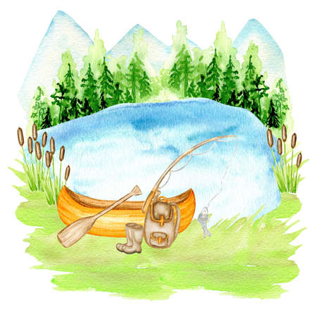 Watercolor Summer camping landscape, lake, boat, fishing rod, forest, mountains. Sport camp adventures in nature, hiking, trekking vacation tourism isolated illustration on white backgroundの写真素材