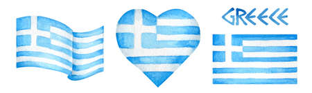 Watercolor Flag of Greece set, hand drawing illustration on white background, Collection of different Greek flags iconsの写真素材
