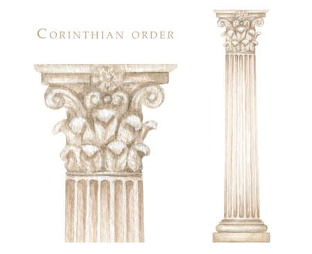Watercolor antique corinthian column, Ancient Classic Greek Corinthian order, Roman Columns Clipart, Pillar Architecture facade elements Realistic drawing illustration isolated on white backgroundの写真素材