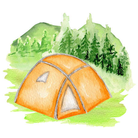 Watercolor Summer forest landscape with tent. Adventures in nature, hiking, trekking vacation tourism isolated illustration on white background design conceptの写真素材
