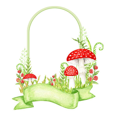 Amanita muscaria watercolor frame with ribbon banner, Fly agaric mushroom with grass. White spotted...