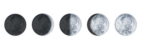 Moon phases on white background. Galaxy Hand drawn isolated watercolor illustration of cycle from new to full moon.の写真素材