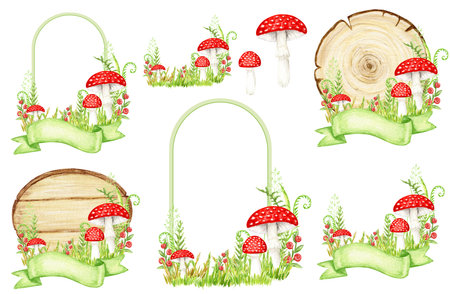 Fly agaric watercolor set, frame with ribbon banner, Amanita muscaria mushroom with grass. White spotted toxic red mushrooms. Hand drawn Illustration on white background.の写真素材