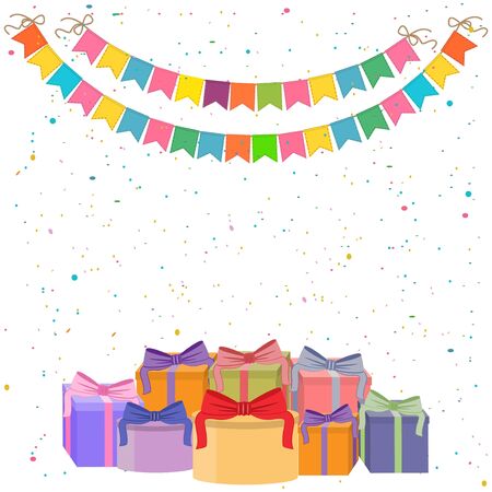 Festive cheerful bright background with flags, confetti and gift boxesのイラスト素材