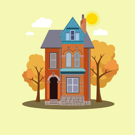 Two storey house in orange color in flat style with plantsの写真素材