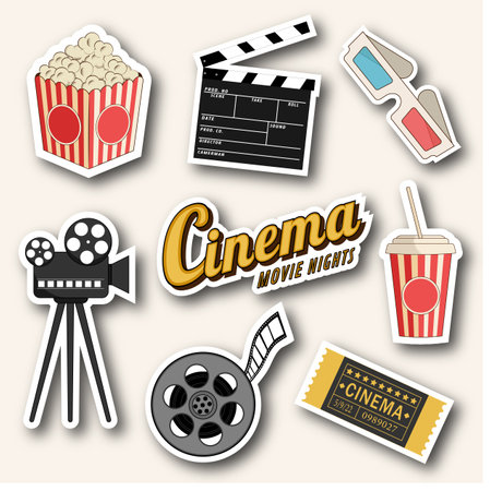cinema stickers. Movie nights, pop corn, 3d points, ticket.の写真素材