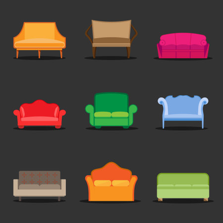 Comfortable sofas. Luxury couch for apartment, comfort sofa models and modern house sofas. Domestic couch furniture, cozy luxury fashion sofas. Flat vector isolated illustration icのイラスト素材