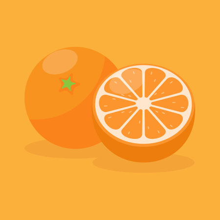 A whole and a half of an orange illustration, juicy citrus fruit isolatedのイラスト素材