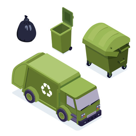 Trash in garbage cans with sorted garbage and garbage truck. Recycling garbage separation collection and recycled isolated on white backgroundのイラスト素材