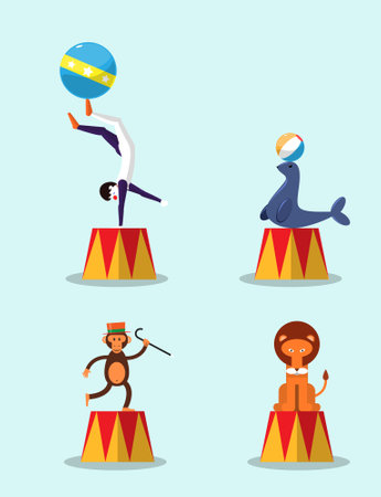 Circus performances of acrobats with animals. Magic and gymnastic tricks. Representation of animals, lion, bear and elephant with circus magician. vector illustrationのイラスト素材