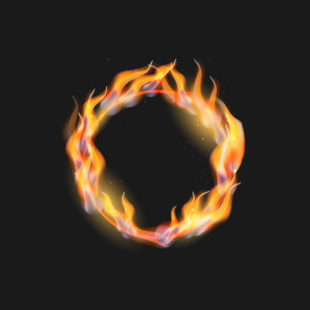 vector illustration. Fire burning circle on a black background. Design for poster, banner, invitationのイラスト素材