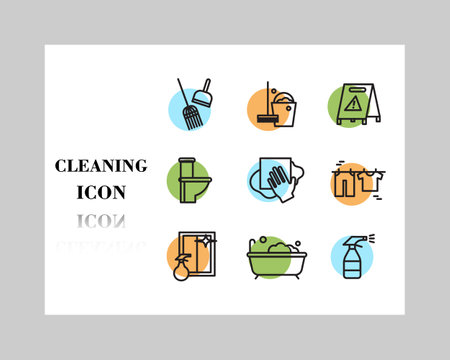 Set of cleaning icons. Such as Ozone, Maid, Toothbrushing, Cleaner, Broom, Heat, Air conditioning, Toothbrush, Pear Enema, Cotton swab, Window cleaner, Housekeeper , cleaning iconsのイラスト素材