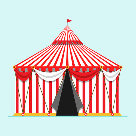 Circus show poster with striped tent flag on top in concept of Oktoberfest or Octoberfest festival on background with raysのイラスト素材