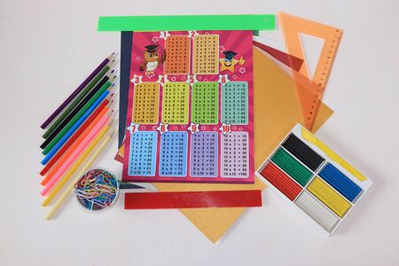 Back to school, Assortment of colored pencils, pens and rulers and the multiplication table on a...