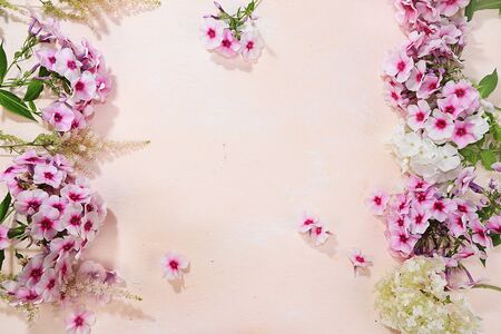 Colorful flowers of pink phlox on a wooden table, top view with a place for text, flat planning, selective focus. Pink flowers on wooden background, the arrival of summer and the celebration of natureの写真素材