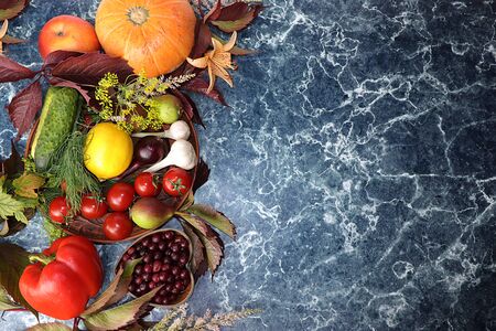 Autumn background with seasonal berries, pumpkins, apples, tomatoes and flowers of autumn nature on wooden boards, copy space, flat lay. Happy Thanksgiving concept, selective focus.の写真素材