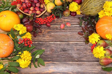 Thanksgiving, autumn background with seasonal autumn nature berries, pumpkins, apples and flowers on a wooden background, top view, copy space, flat lay. Happy Thanksgiving concept, selective focus.の写真素材