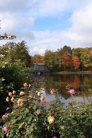 Russia, St. Petersburg, September 28, 2019, Catherine Park. In the photo, the Marble Bridge in Tsarskoye Selo against the backdrop of an autumn park with red leaves and reflection in the lakeのeditorial素材