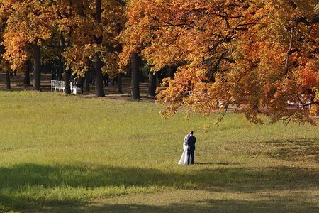 Russia, St. Petersburg, September 28, 2019, Catherine Park. In the photo, Catherine Park in Tsarskoye Selo with bright red trees and the groom and the brideのeditorial素材