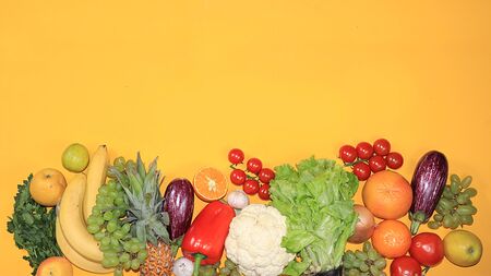 Vegetables, fruits on a bright background. The concept of healthy and natural foods for boosting immunity, a healthy lifestyle and weight loss, vitamins. Summer banner for the screen,の写真素材
