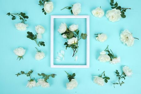 Abstract Floral composition flat lay, background, minimum holiday concept, banner of spring. Creative modern bouquet. Greeting card for mother's day, happy birthday,の写真素材