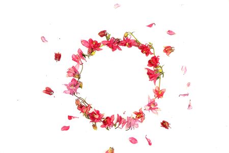 Abstract floral composition flat lay, background, minimal concept, spring banner. Creative modern bouquet. Greeting card for mother's day, happy birthday, wedding, place for textの写真素材