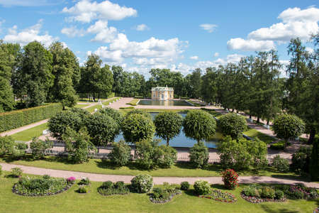 Russia, St. Petersburg, July 10, 2020, Ekaterininsky Park. In the photo there is a cold bath, a panoramic view from the Cameron Gallery in the city of Pushkin without people during the isolation of thのeditorial素材