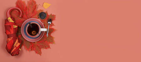 Autumn composition flat lay, seasonal background with maple leaves, umbrella and tea, place for...