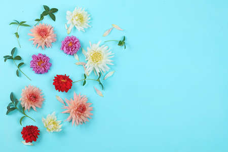 Autumn flower composition, abstract background flat lay, minimal concept of holiday, thanksgiving day. Mother's day card, happy birthday, wedding, place for textの写真素材