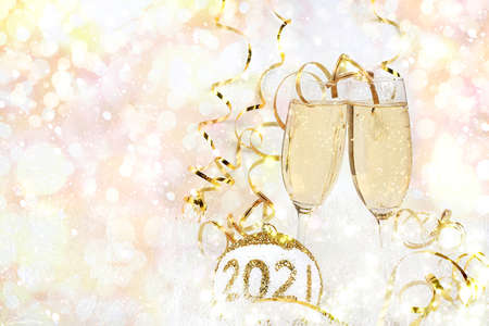Champagne and holiday decorations, Christmas and New Year background with bokeh lights, place for...