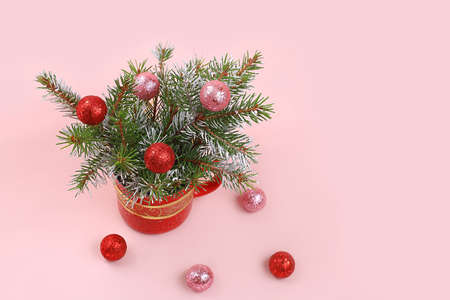 Christmas composition with decorations and toys, greeting card, minimal holiday concept, modern new year background, banner for the screen, space for text,の写真素材